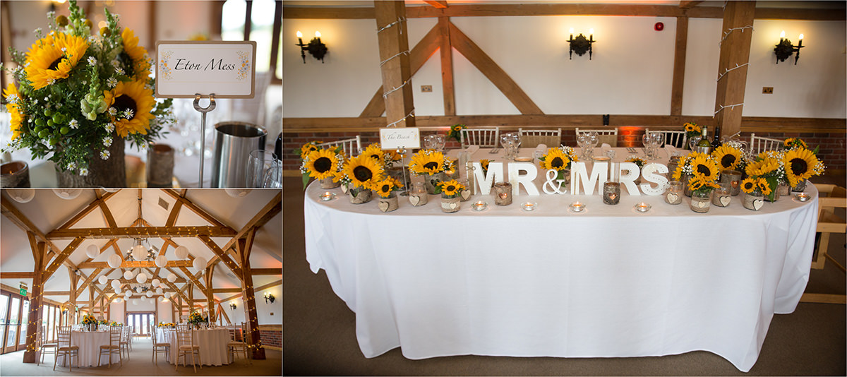 Sandhole Oak Barn Sunflower Wedding Flowers Rustic theme. Top Table