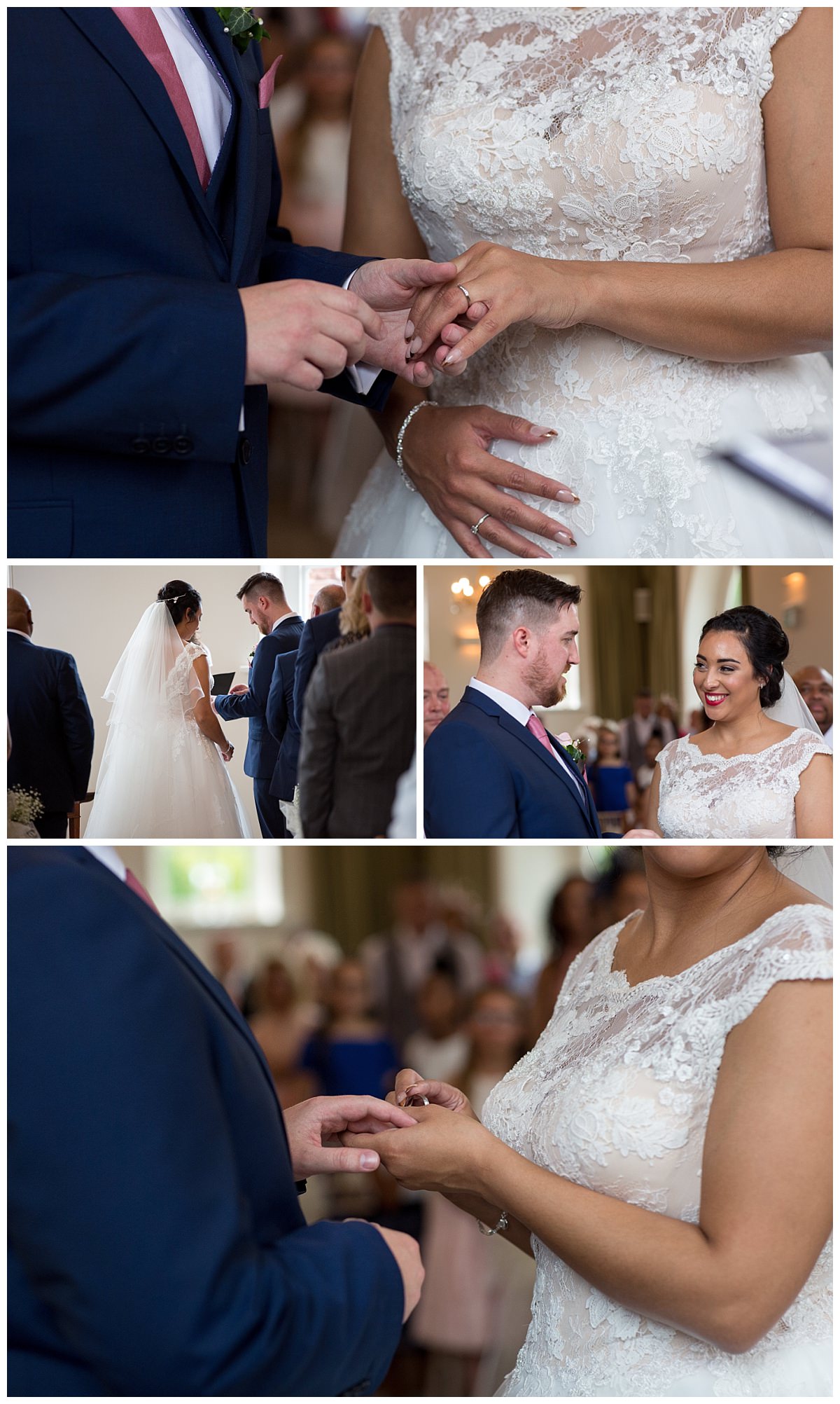 bride and groom placing rings on fingers at Iscoyd Park wedding ceremony