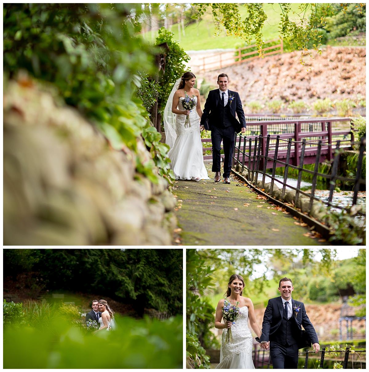 Bride and groom walking through the gardens at The Raithwaite Estate
