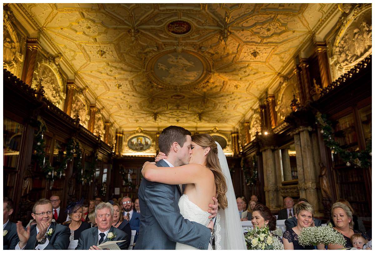 First kiss at Wedding ceremony at Crewe Hall
