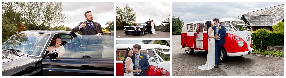 Bride and groom with wedding cars