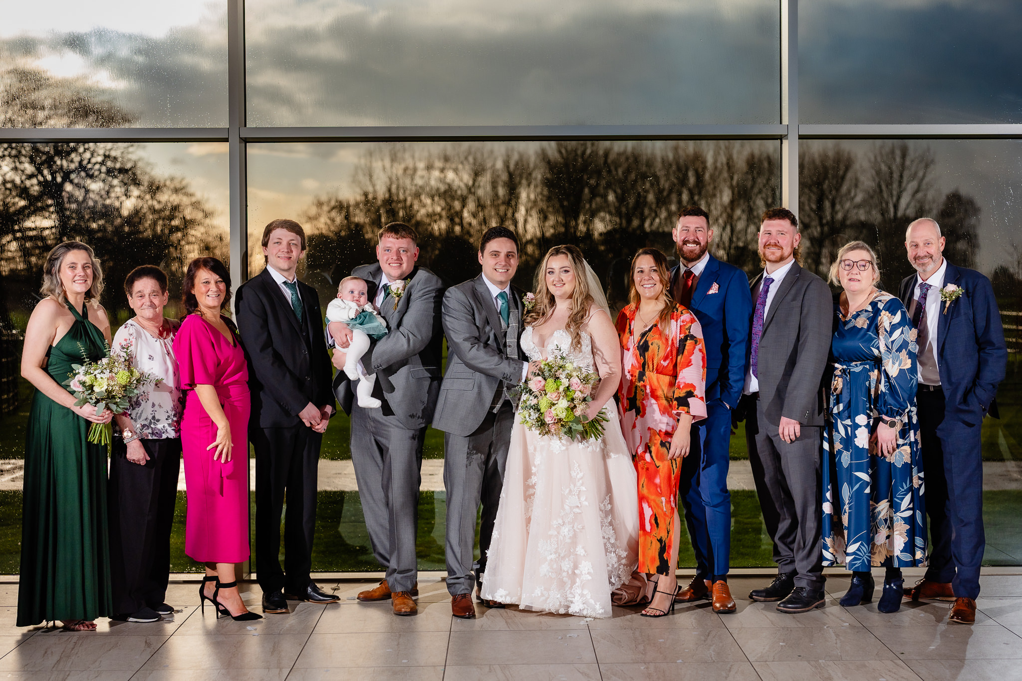 Large family group formal portrait at Merrydale Manor wedding, Cheshire wedding photographer