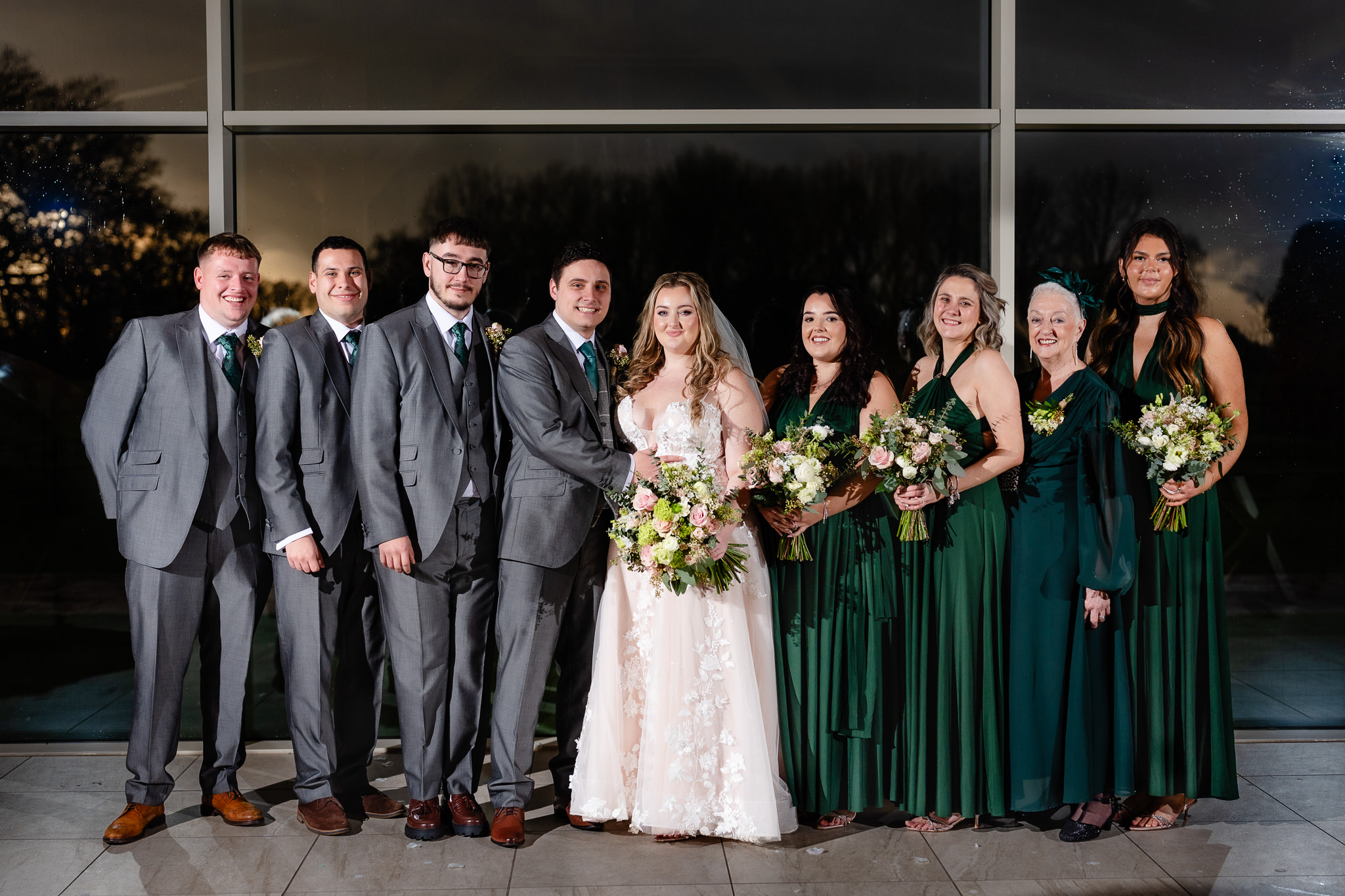 Full wedding party formal portrait at Merrydale Manor, Cheshire wedding photographer