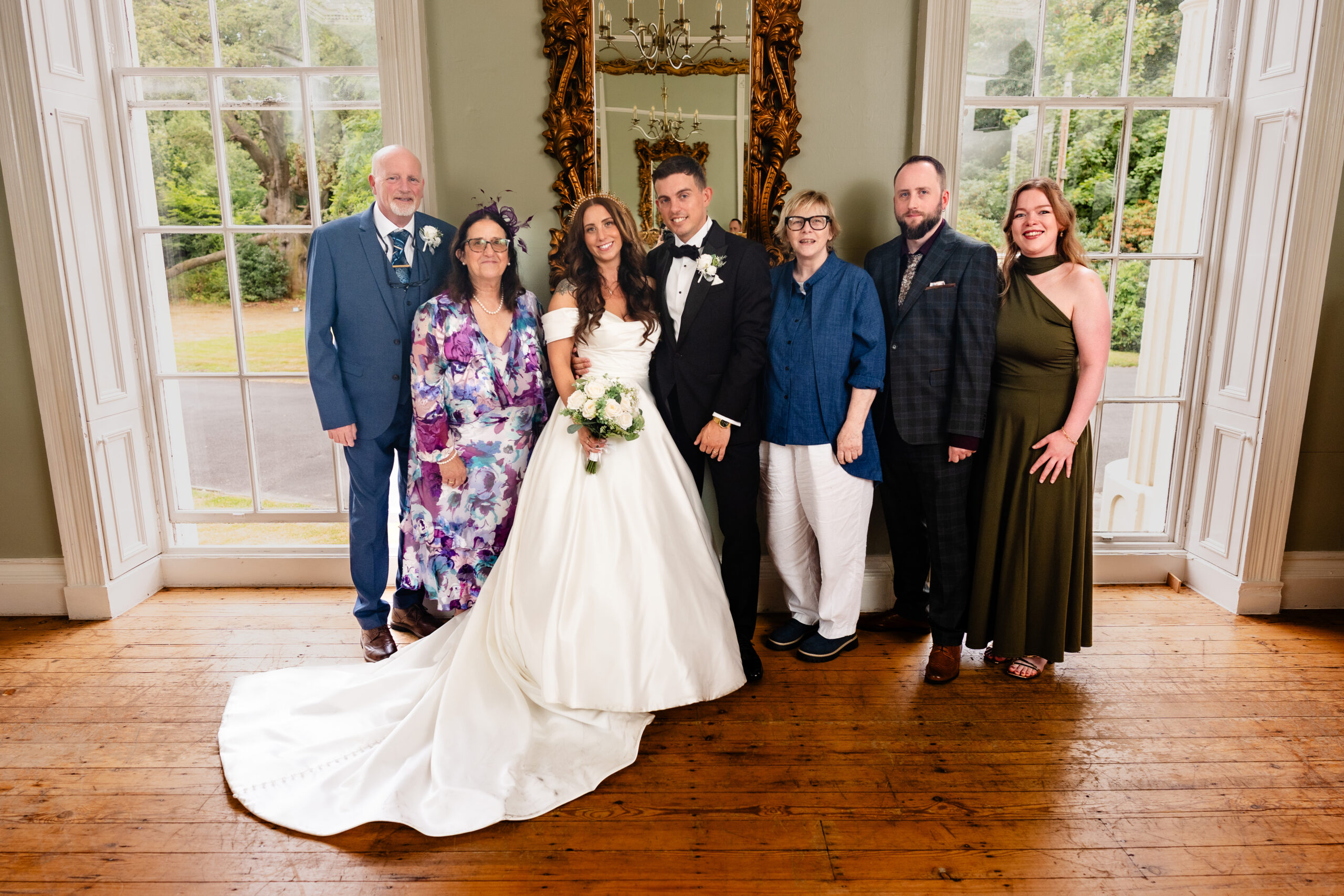 Family formal group portrait at a Rainhill Hall wedding