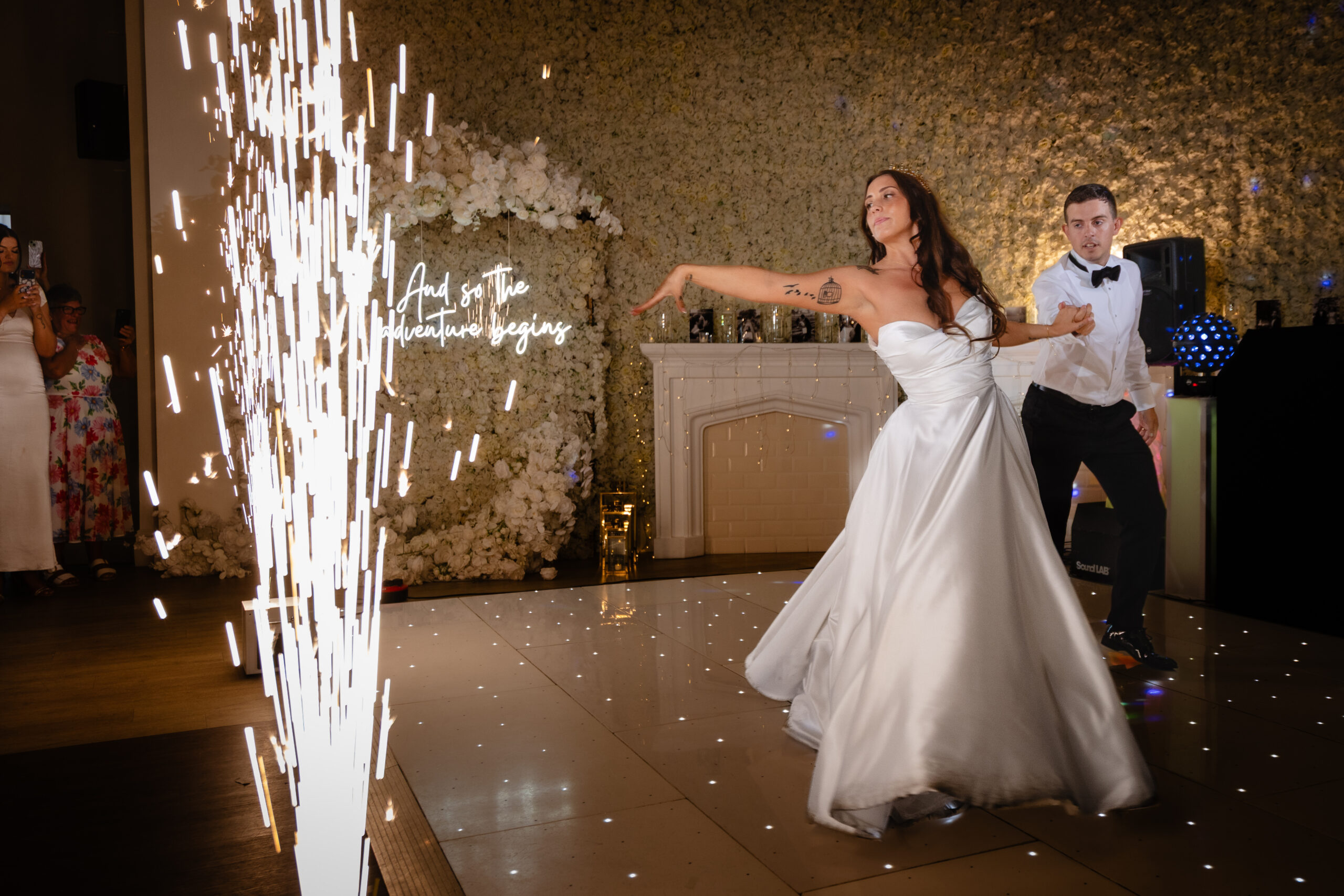 Guests dancing at the evening wedding reception, Rainhill Hall
