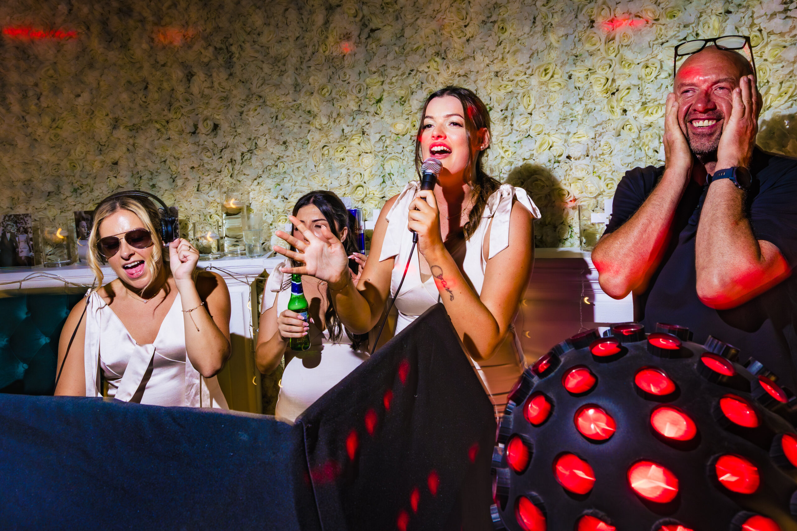 Evening wedding party karaoke and celebrations at Rainhill Hall