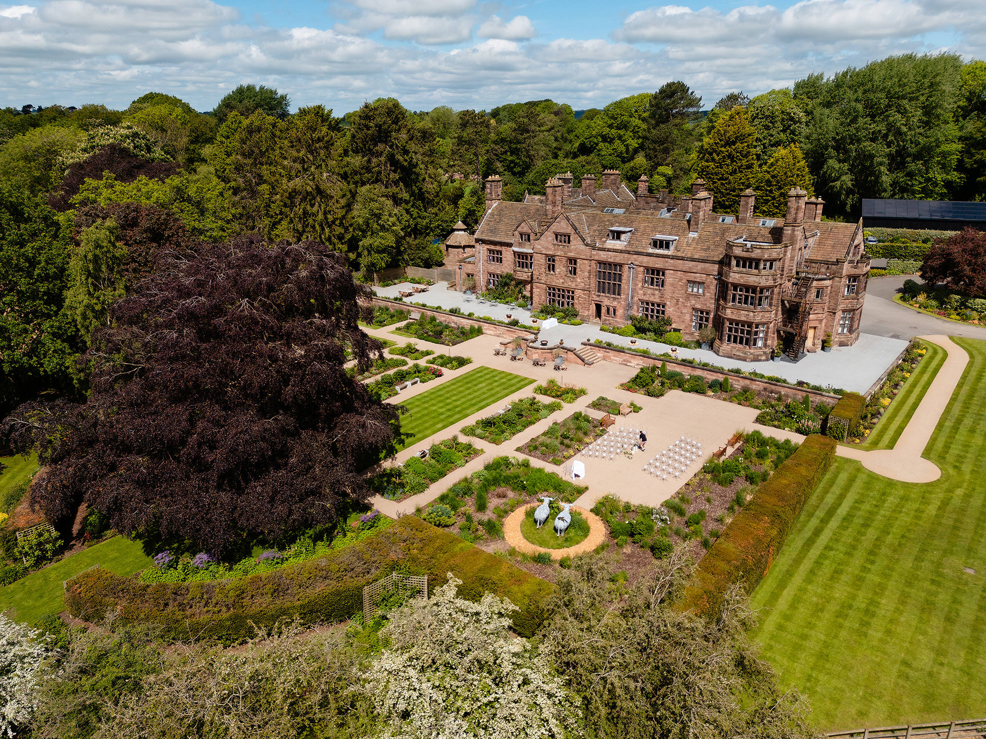 Aerial view of Salt House and its gardens on a sunny wedding morning, Staffordshire wedding photographer