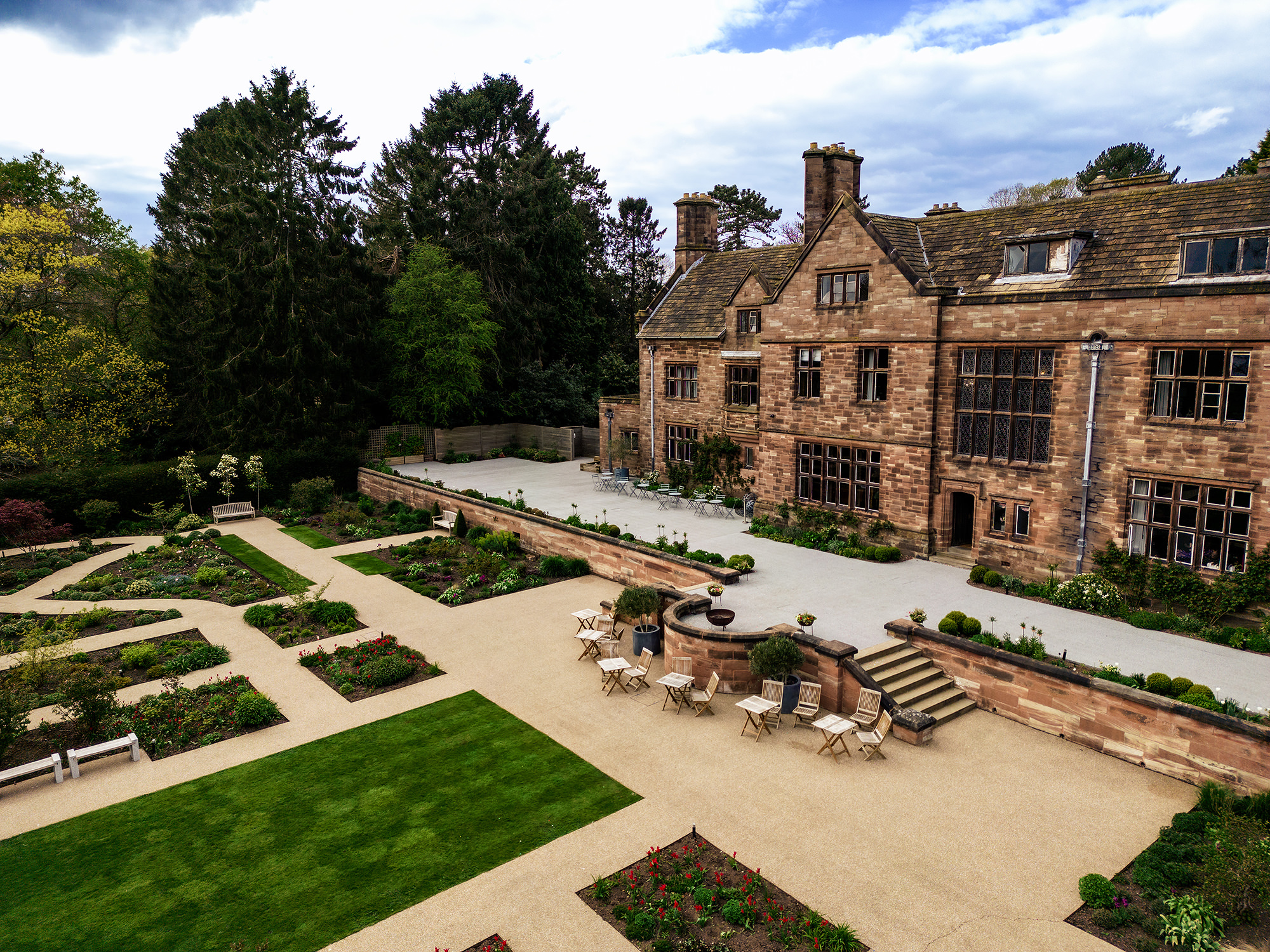 Aerial view of Salt House at Standon Hall and its formal gardens in Staffordshire, Salt House wedding photographer