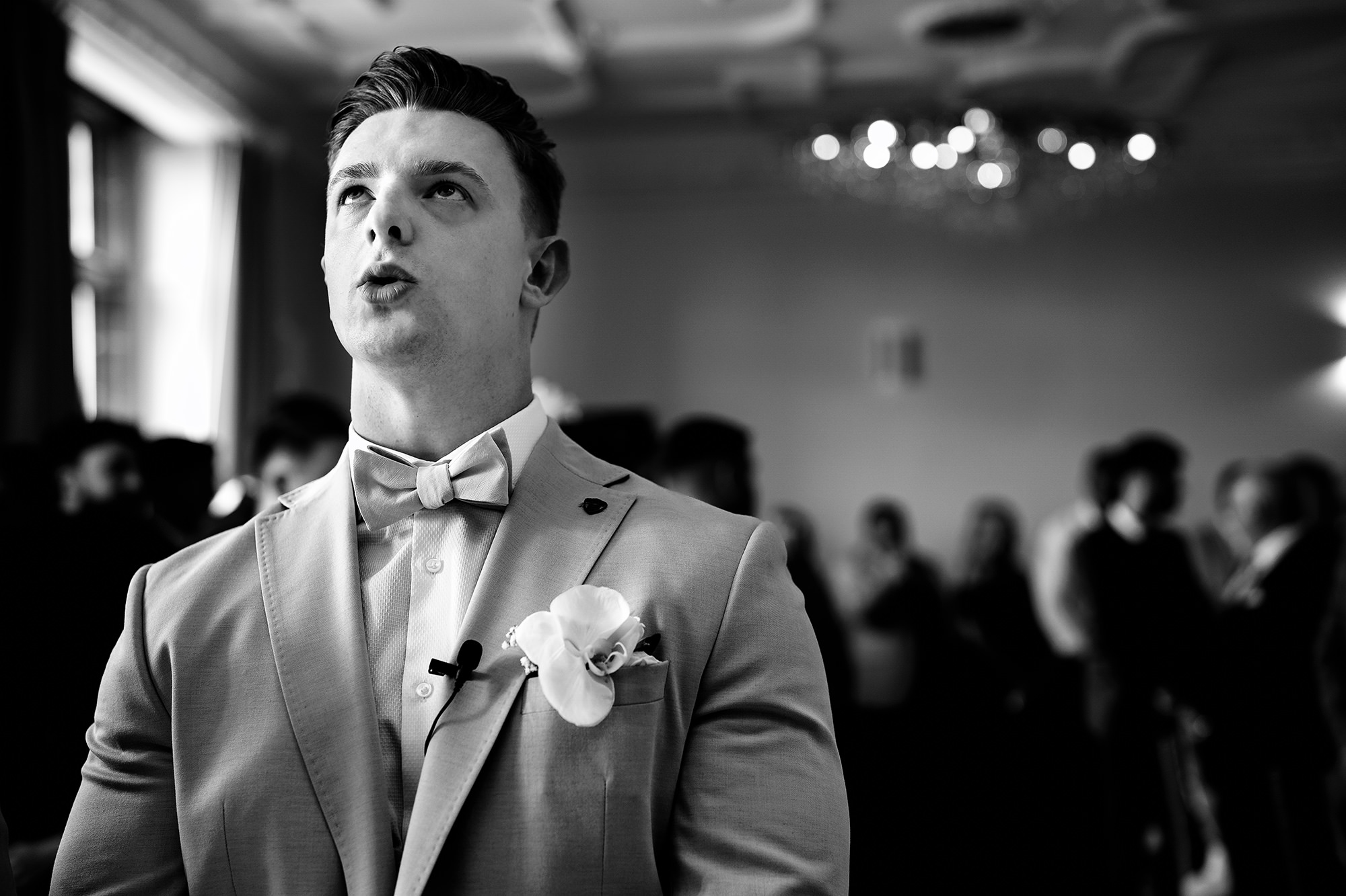 Cy waiting nervously in the ceremony room at Salt House before his bride walks in, Staffordshire wedding photography