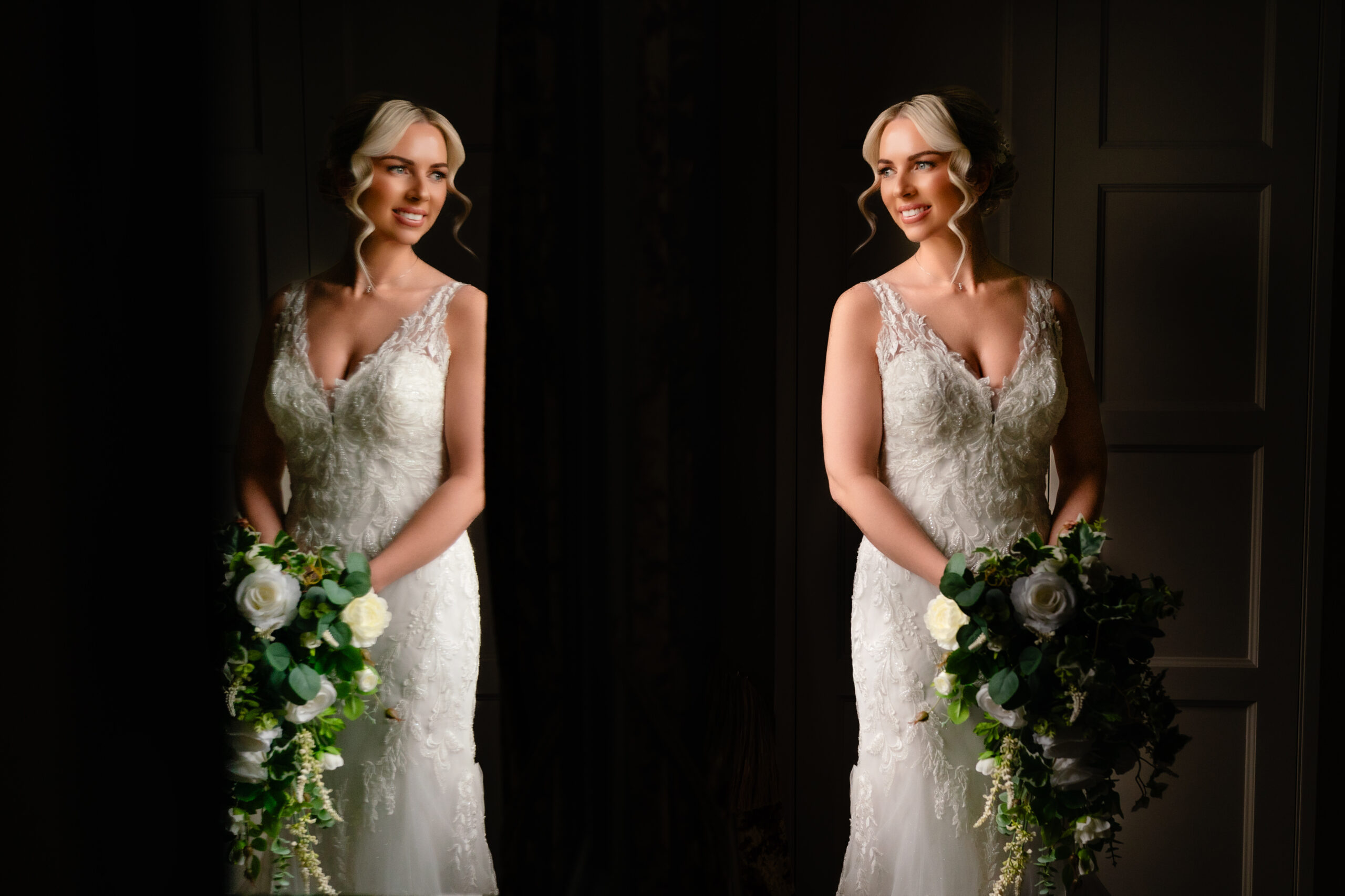 Bridal portrait in a dark panelled doorway holding a cascading white and green bouquet, Colshaw Hall Cheshire wedding photographer
