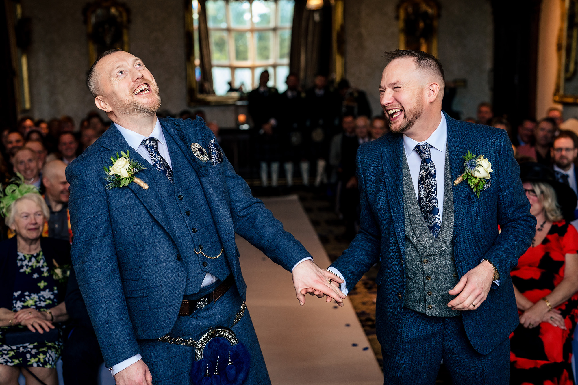 John and Neill walking down the aisle together to begin their ceremony, Cheshire wedding photographer