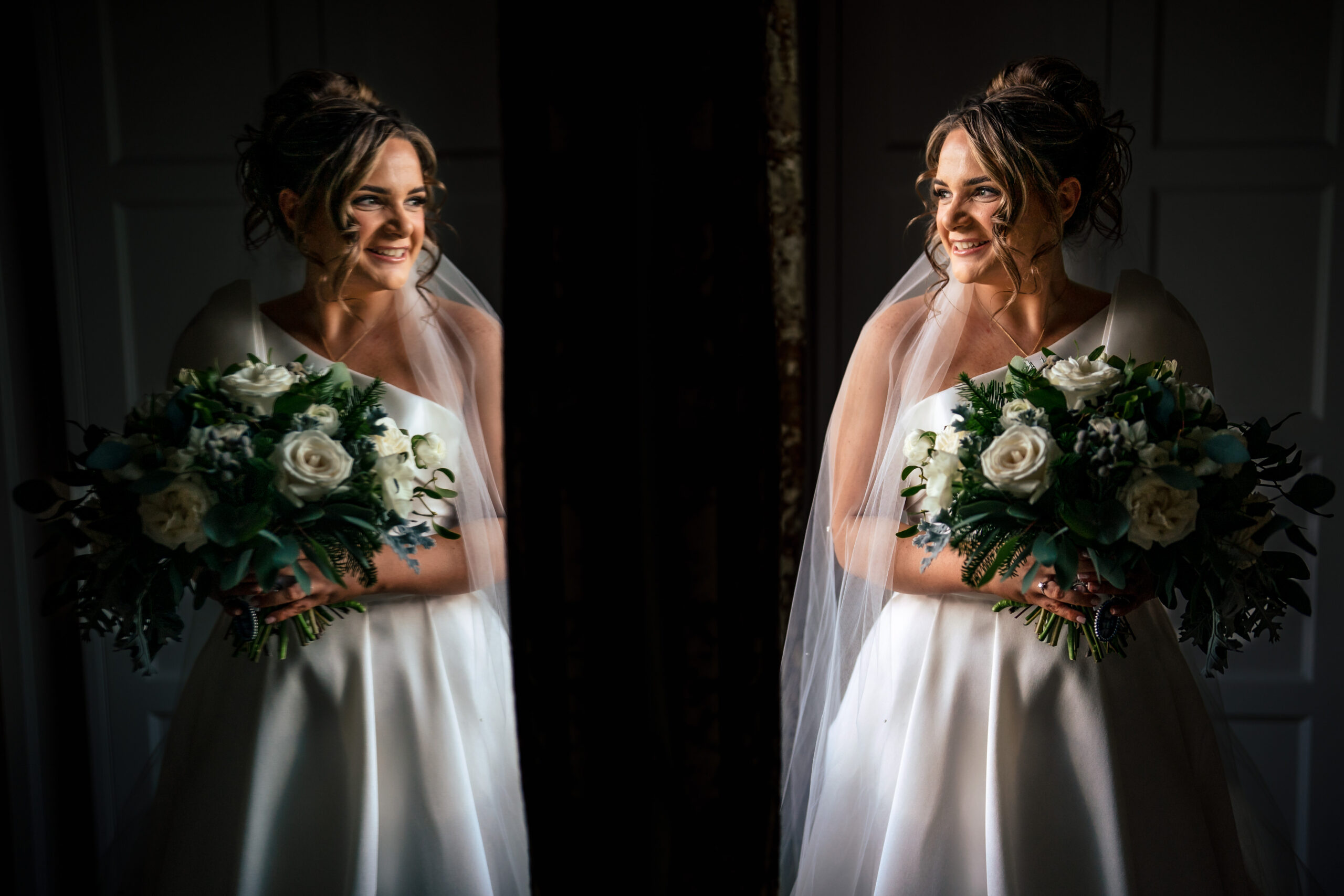 The bridesmaids ready and holding their bouquets, moments before the ceremony at Colshaw Hall