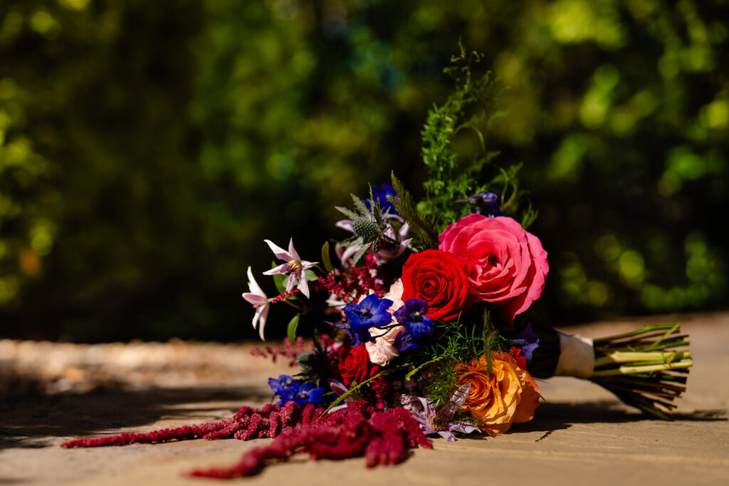 Kim's bouquet of red, hot pink, orange and cobalt flowers lying in the sunshine, Swancar Farm wedding photographer