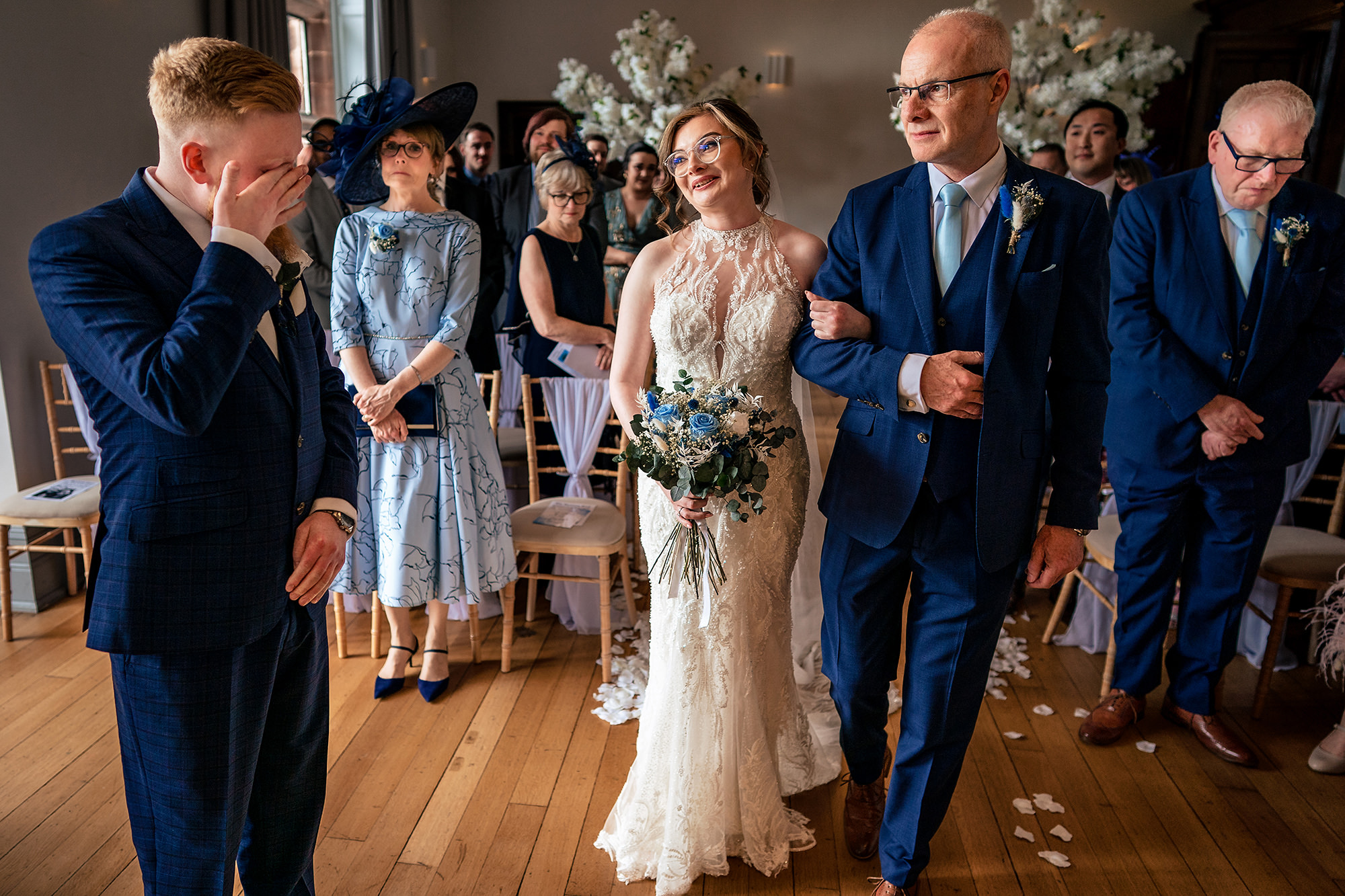 Groom’s emotional reaction seeing his bride for the first time, Salt House wedding photographer