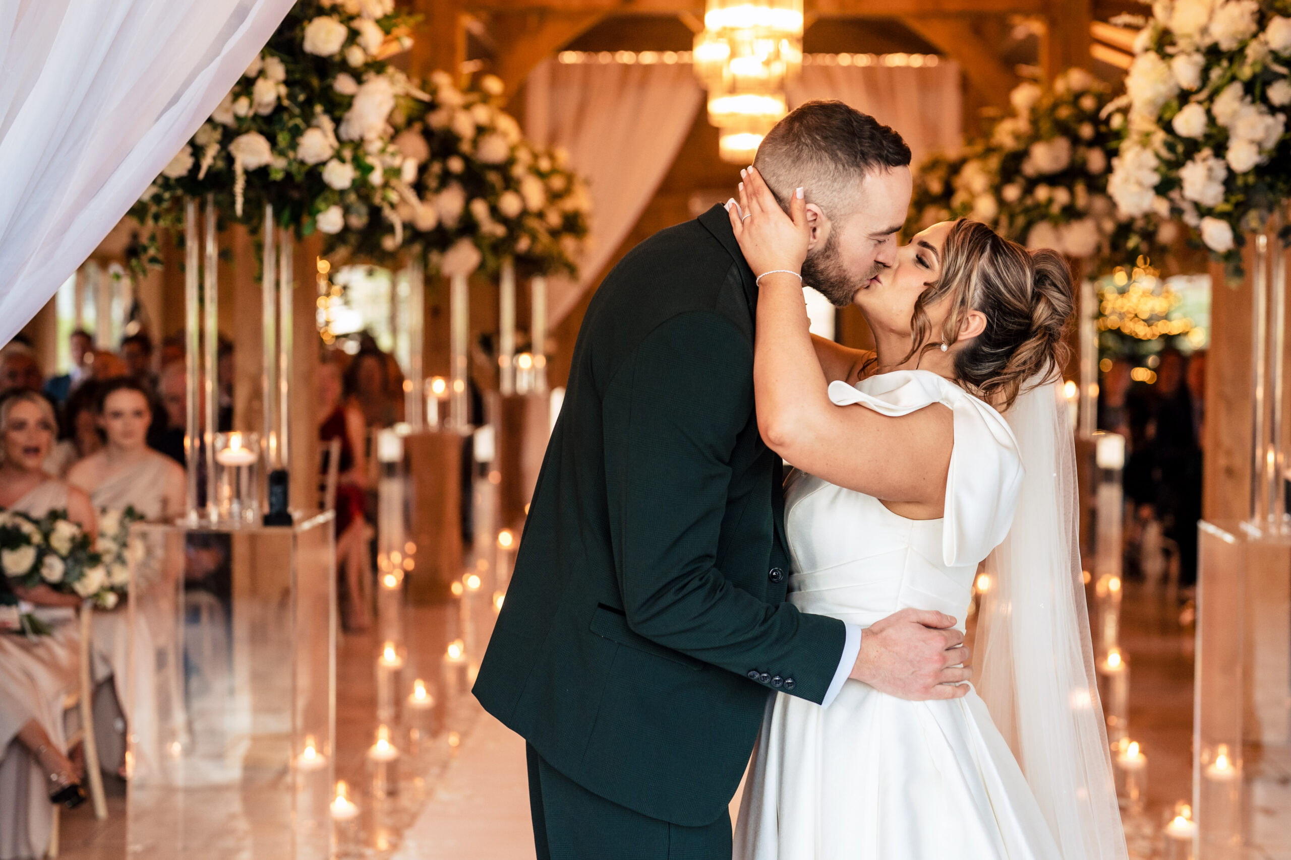 Georgia and Joe’s first kiss as a married couple at Colshaw Hall