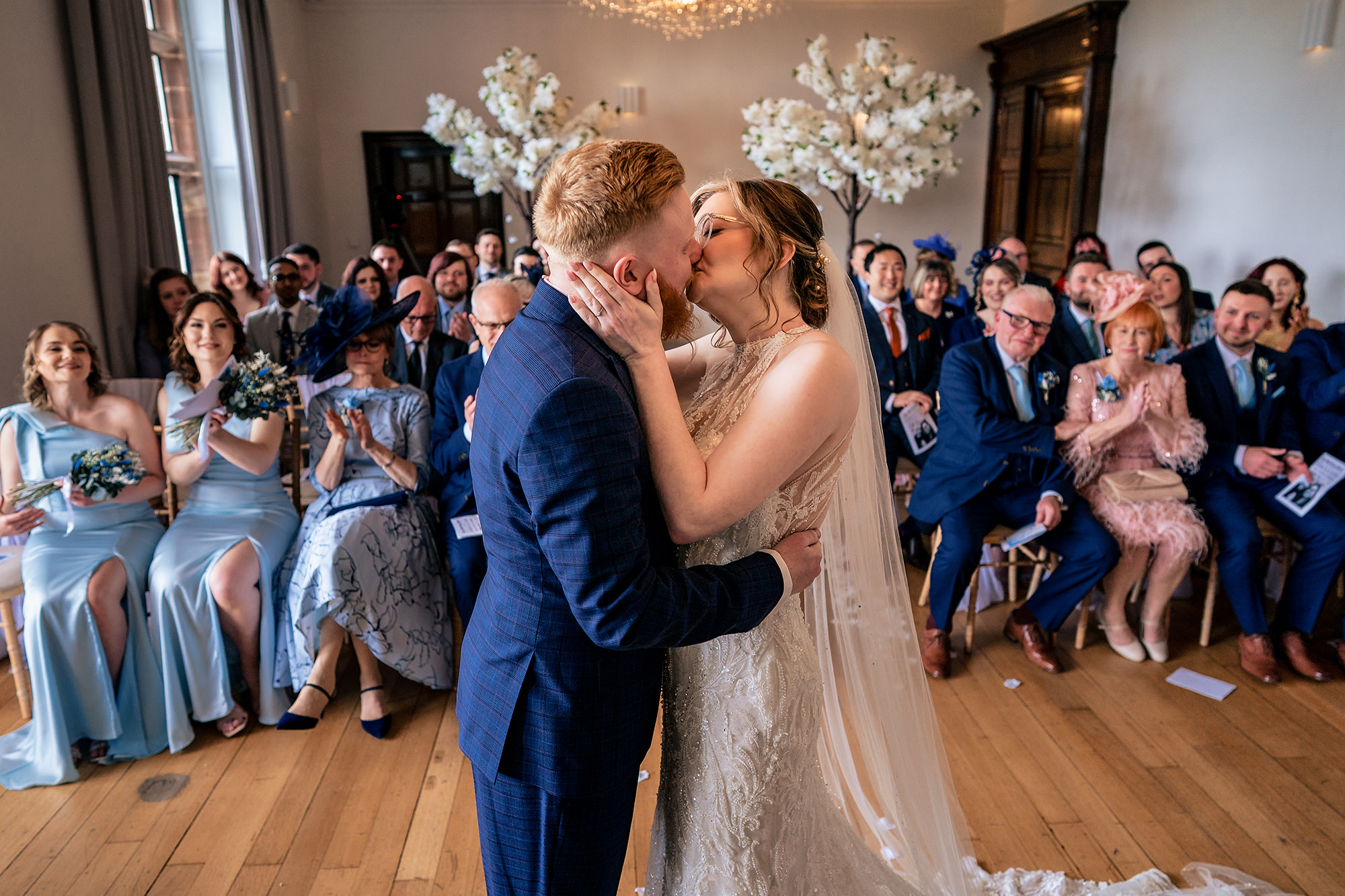 Patrick and Laurel’s first kiss as a married couple, Salt House wedding photographer