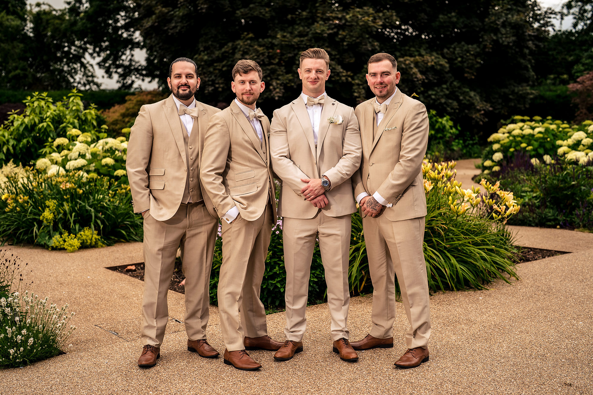 Cy and his groomsmen in tan suits at Salt House, Staffordshire wedding photography
