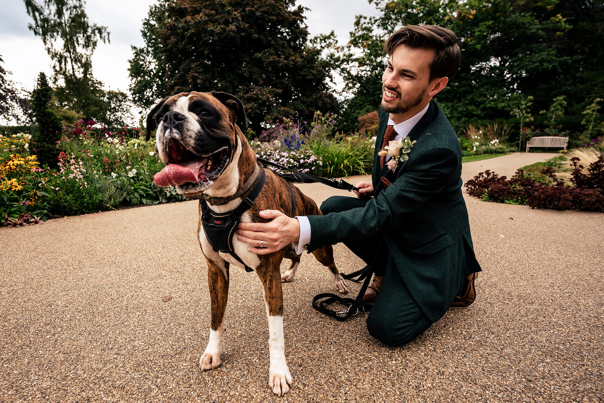 Groom crouching down with the couple’s dog in the gardens at Standon Hall