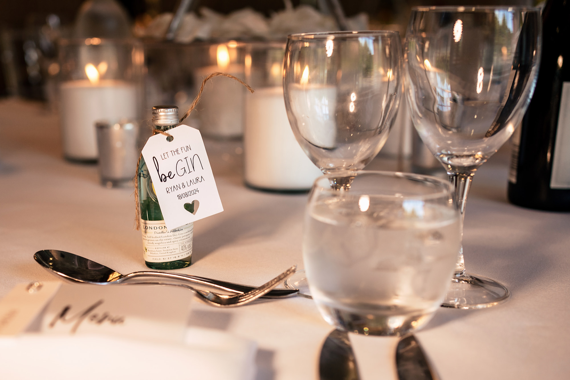 Champagne flutes ready on the reception tables, Merrydale Manor wedding photographer