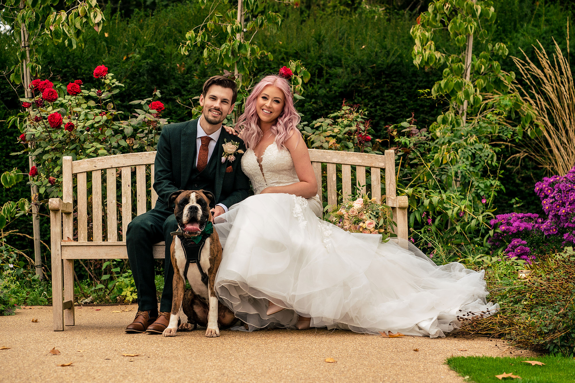 Bride and groom sitting with their dog on a garden bench at Standon Hall