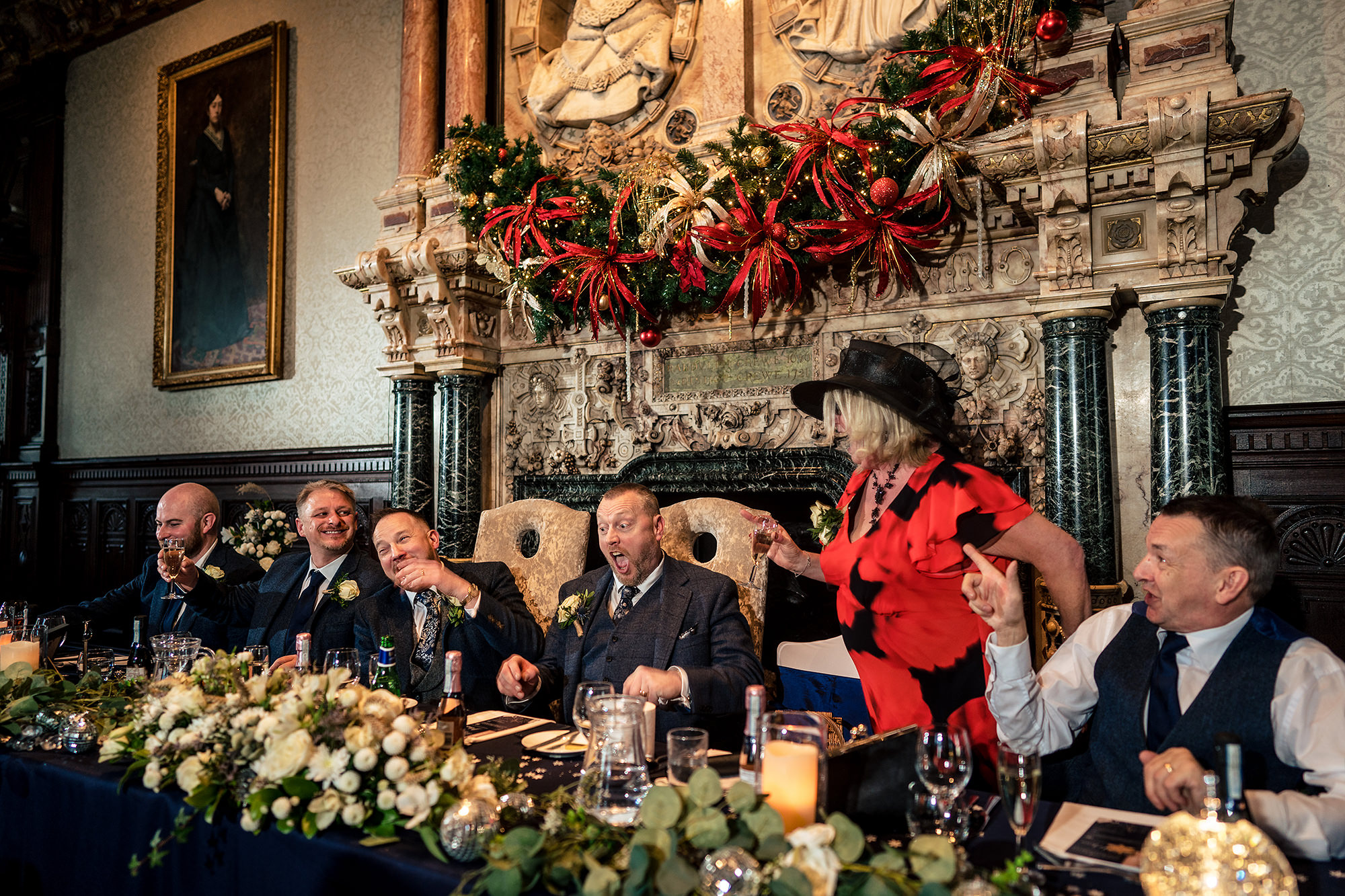 A guest's reaction during speeches at the wedding breakfast