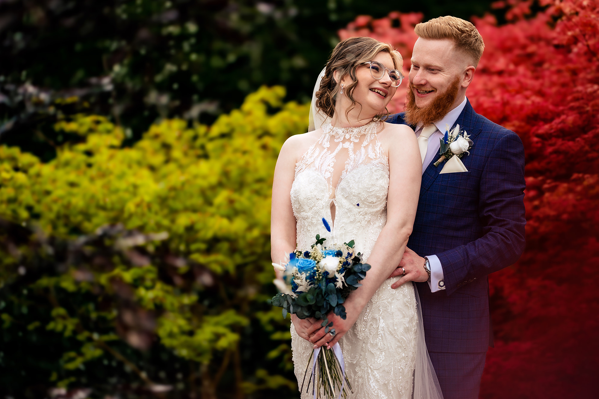 Patrick and Laurel pictured together in the Salt House gardens, Staffordshire wedding photographer