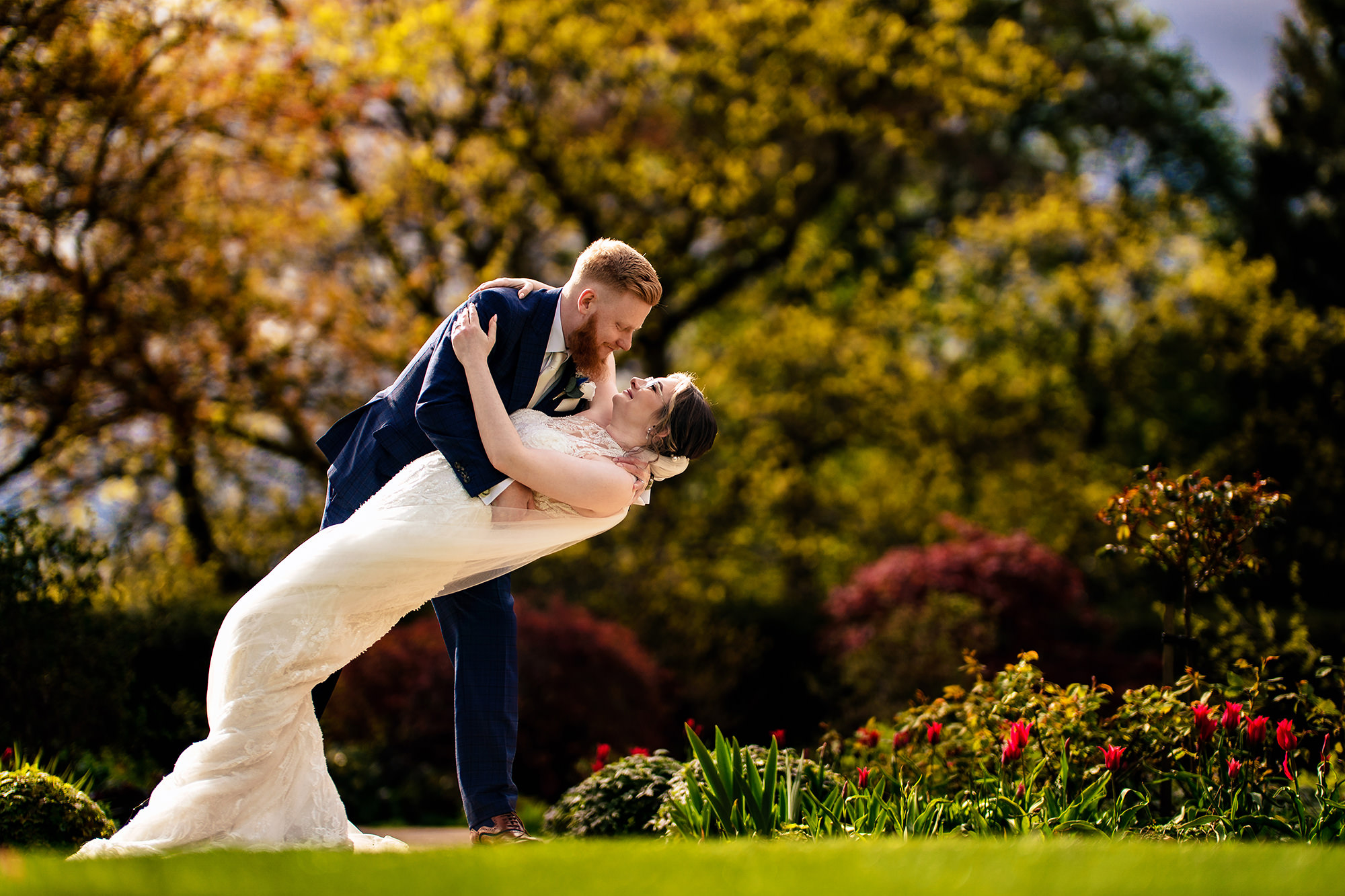 Groom dipping his bride for a kiss among the red maple trees at golden hour, Salt House wedding photographer