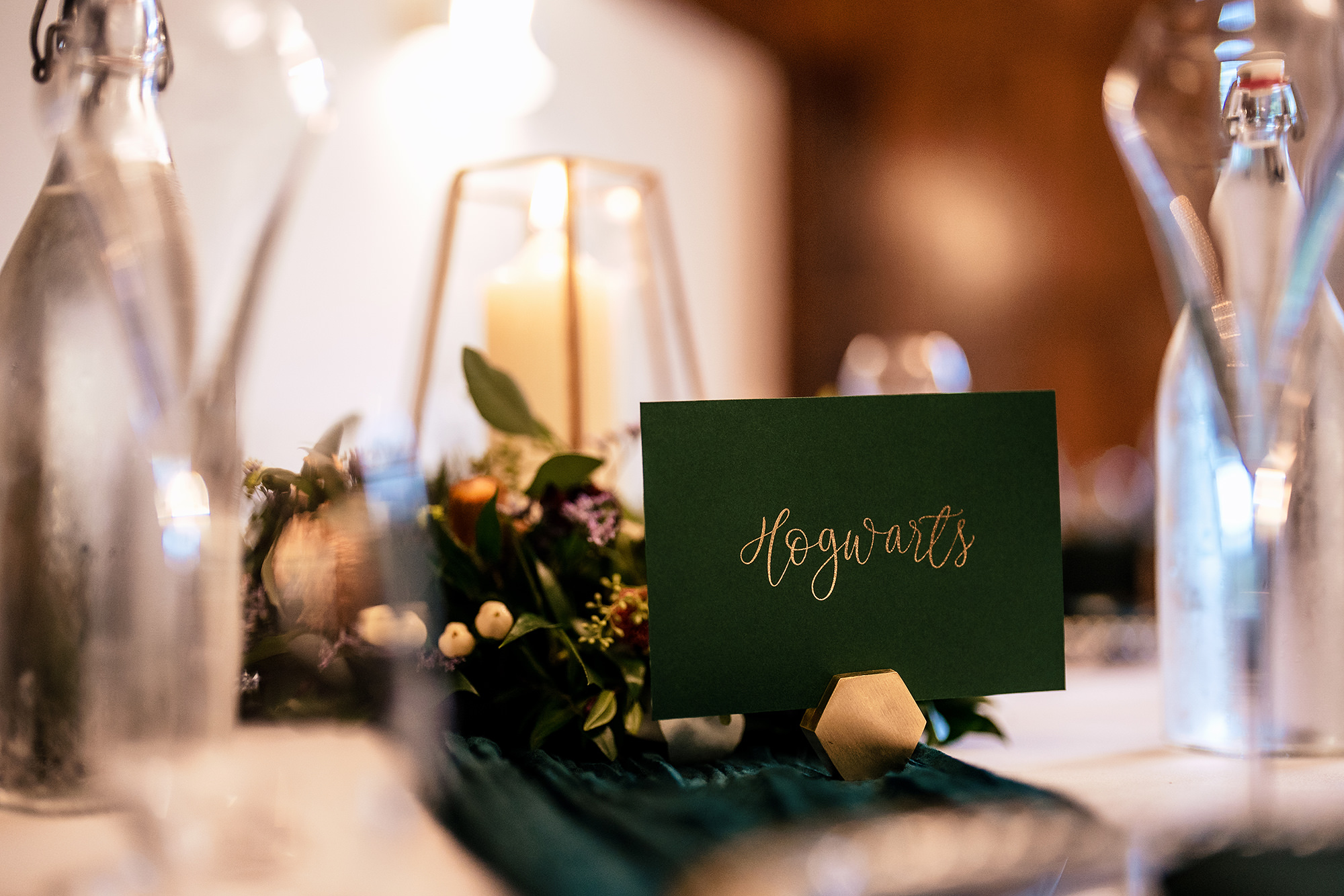 A Hogwarts house table name at Chloe and Dan’s Harry Potter themed reception