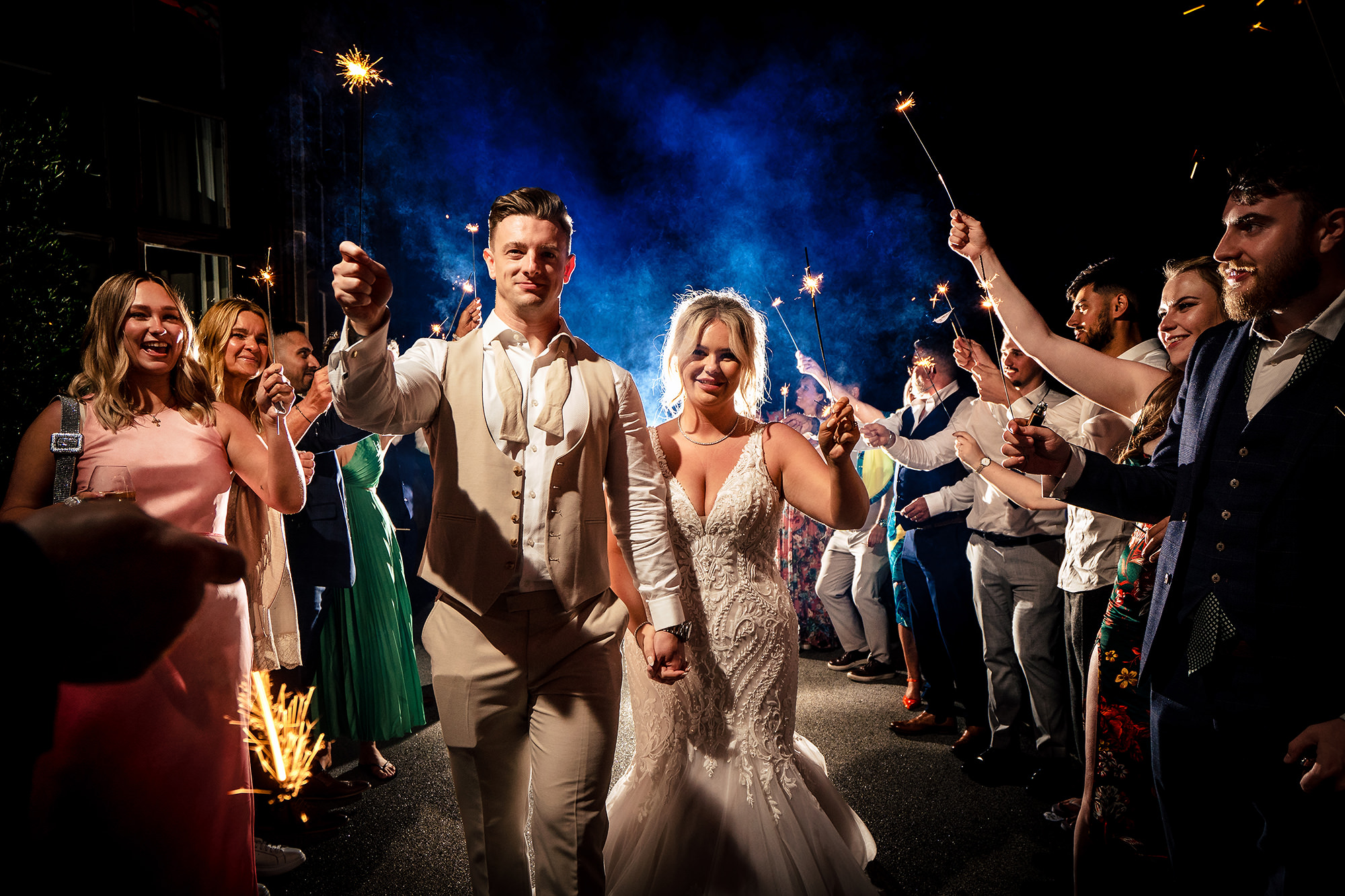 Jess and Cy’s sparkler send off at the end of their Salt House wedding, Staffordshire