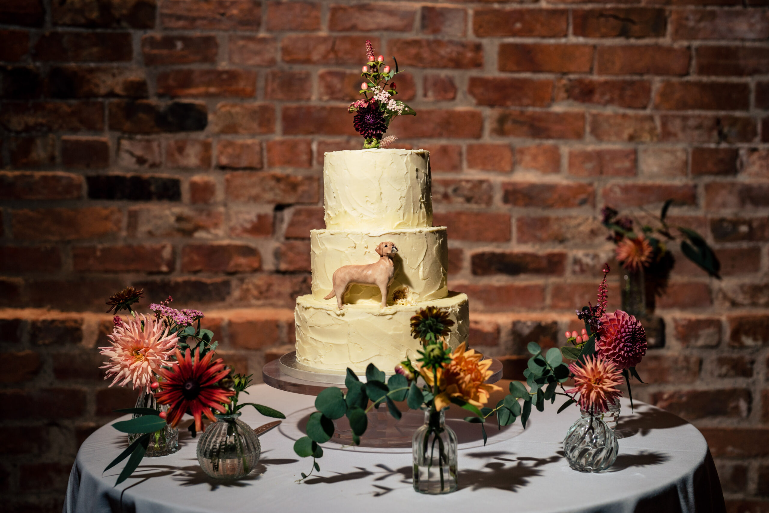 Buttercream wedding cake topped with a model of the couple’s labrador, Dorfold Hall wedding photographer