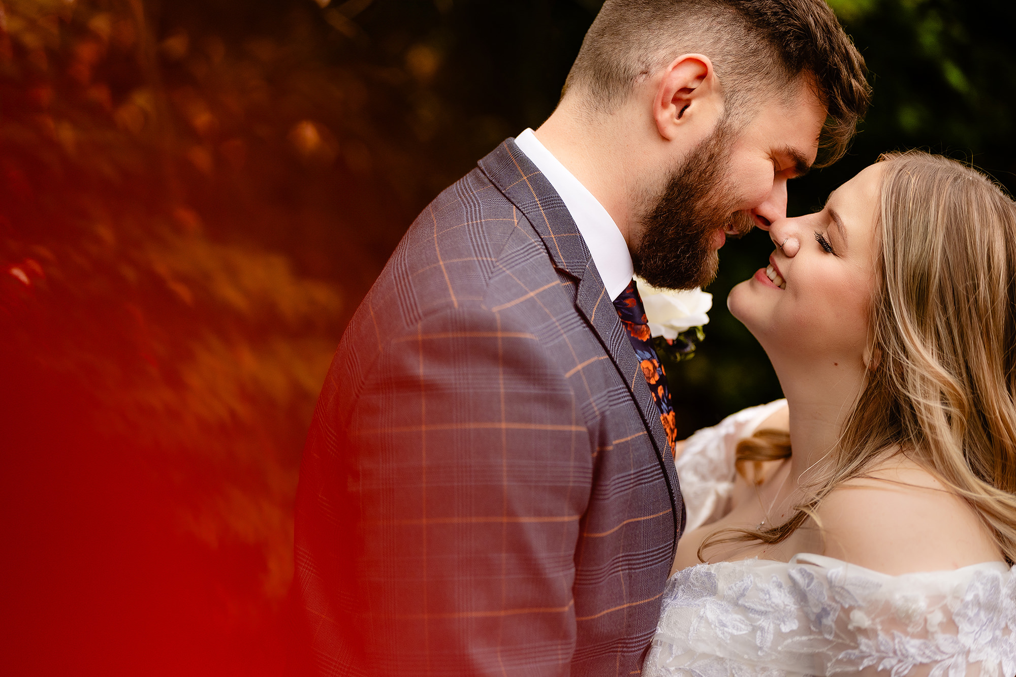 A close up portrait of Annie and Tom foreheads together at Crewe Hall, Cheshire wedding photographer