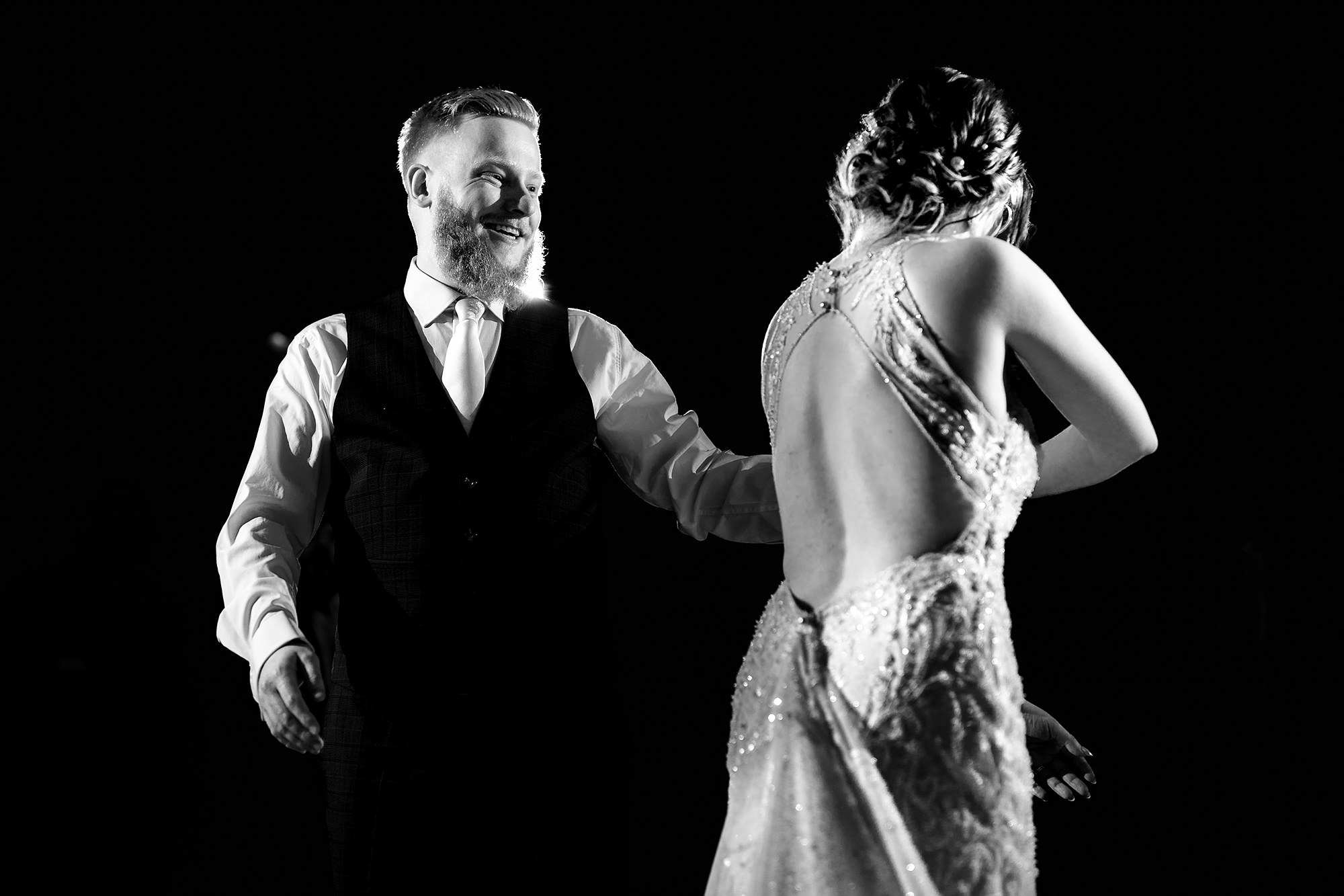 Patrick and Laurel’s first dance as a married couple, black and white, Salt House wedding photographer