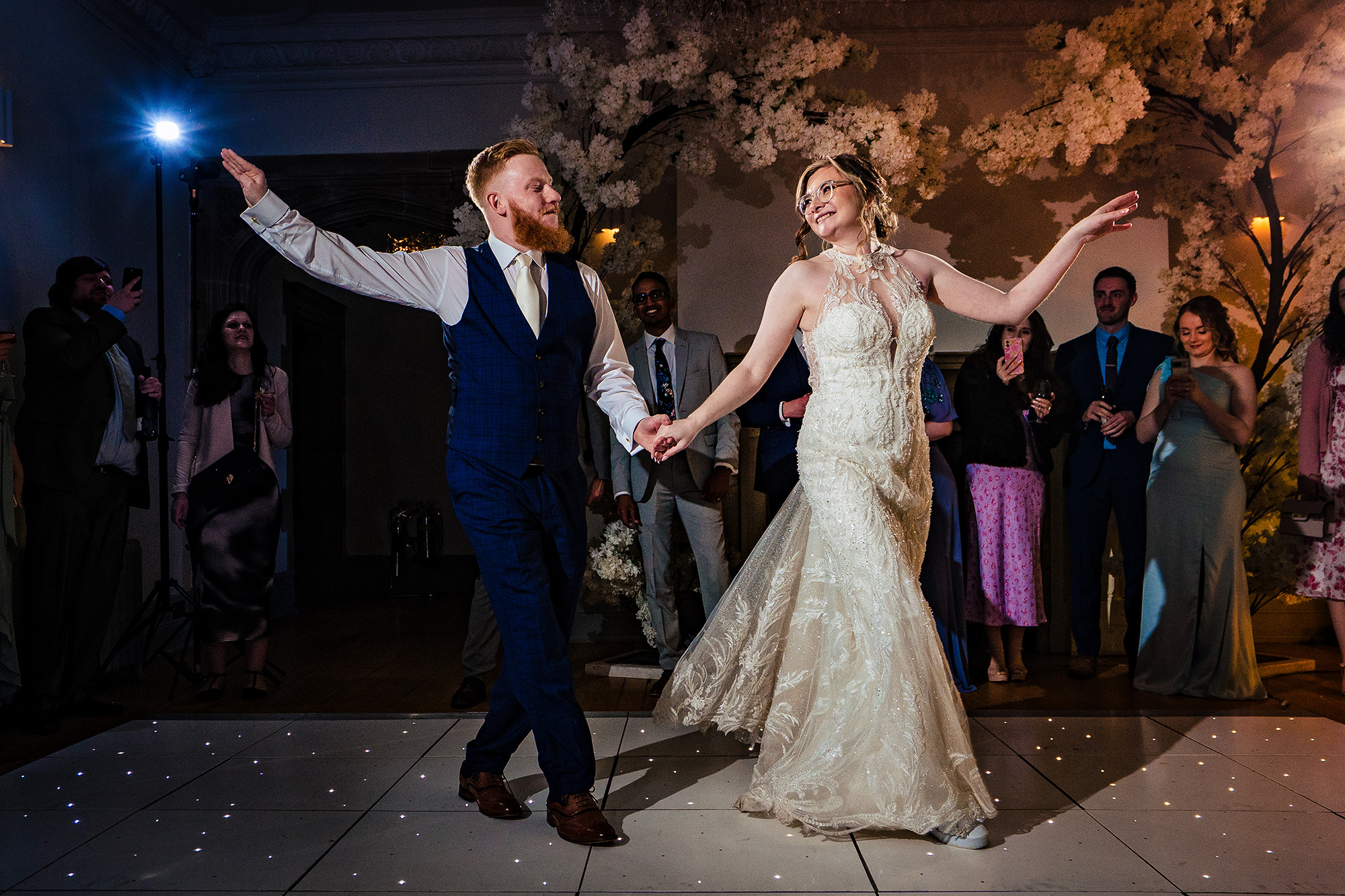 First dance lit up with sparklers on the dance floor at Salt House, Staffordshire wedding photographer