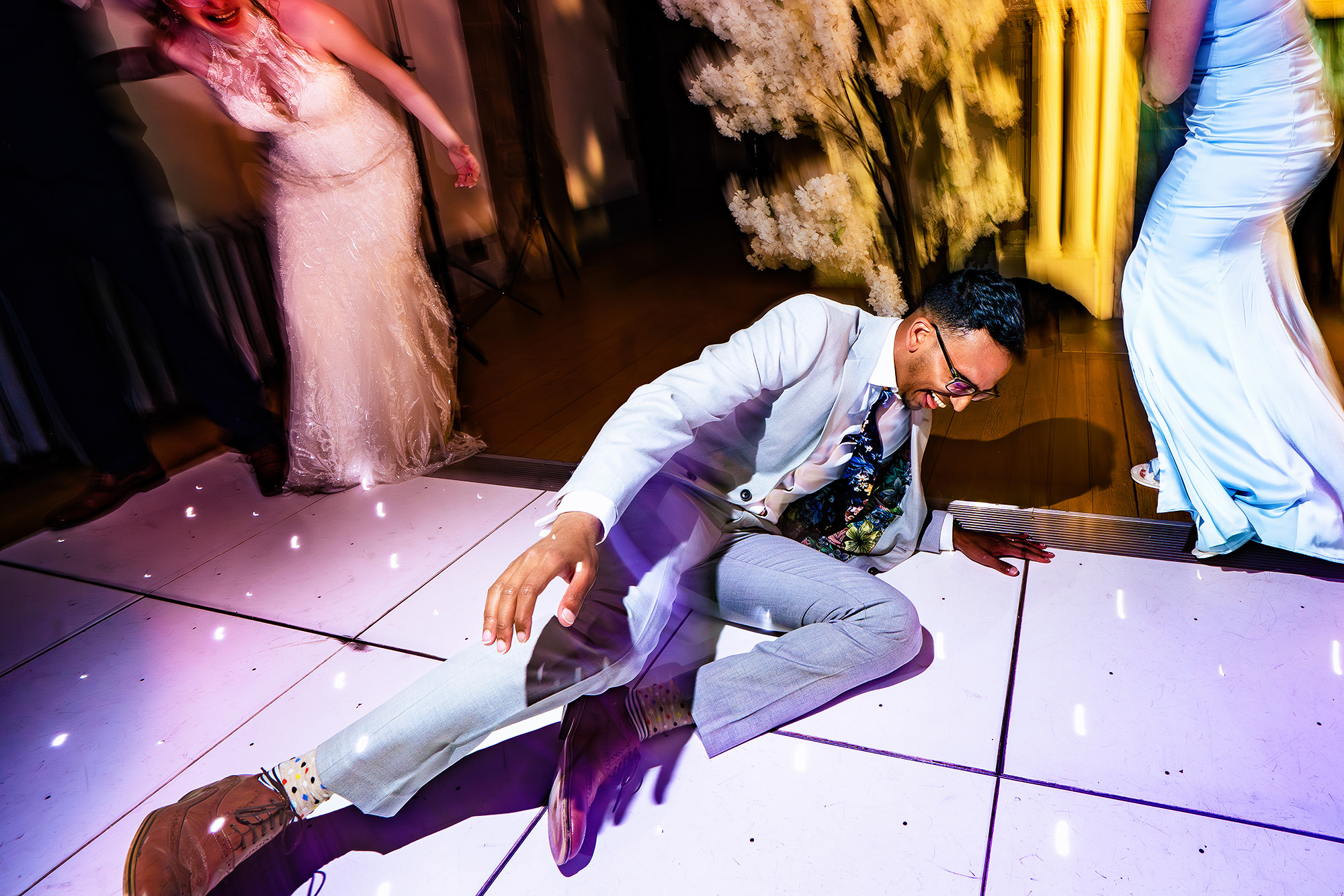 A guest pulling out his best dance moves on the Salt House dance floor, Staffordshire wedding photographer