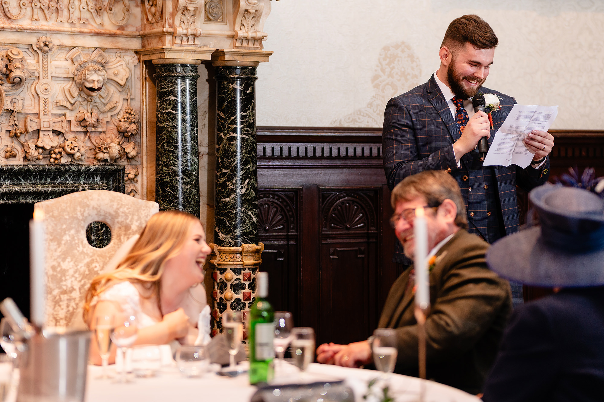 Tom giving his groom’s speech at Crewe Hall, Cheshire wedding photographer